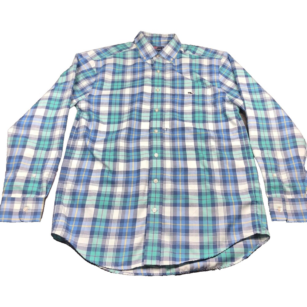 Vineyard Vines Performance Tucker Shirt Men M‎ Tartan Plaid Long Sleeve *HOLE!*
